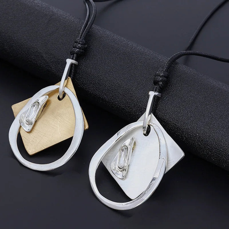 Hot Sale Geometric Crystal Circle Square Alloy Pendant Long Black Leather Sweater Necklace for Women
