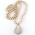 Fashion Bohemian Women Beige Natural Stone Beads White Drop Druzy Pendant Necklace