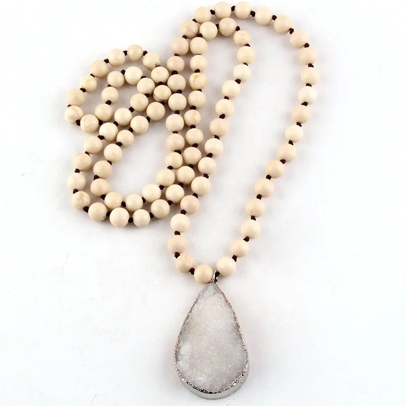 Fashion Bohemian Women Beige Natural Stone Beads White Drop Druzy Pendant Necklace