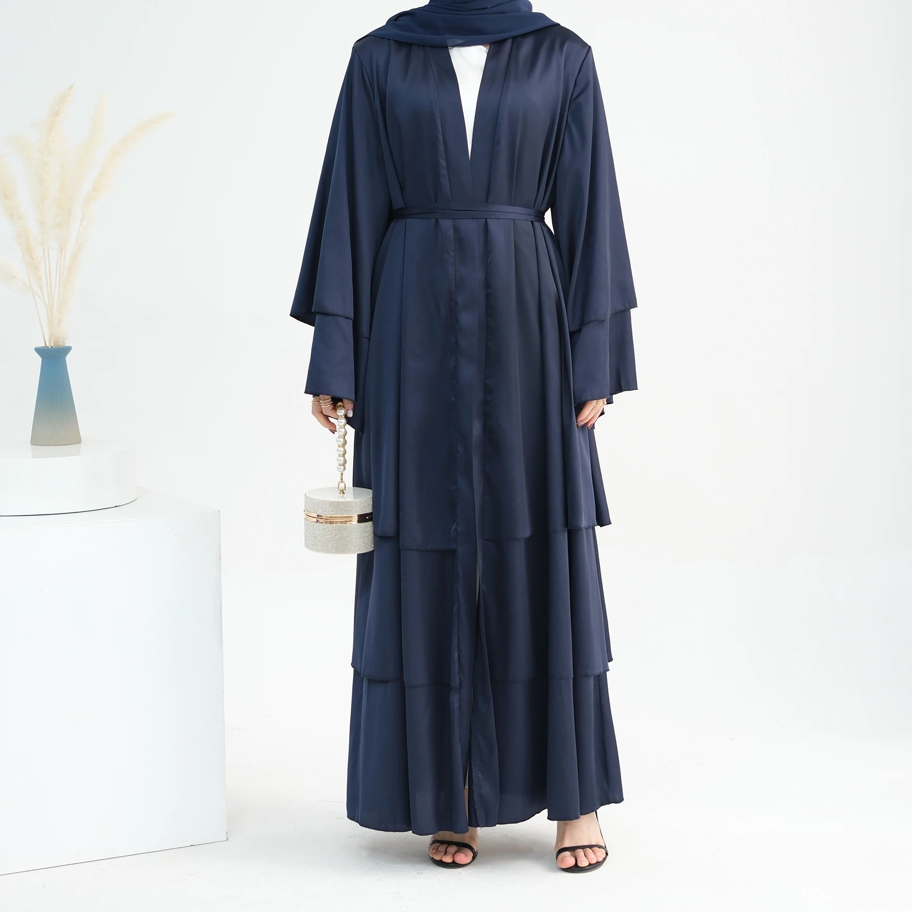Mexizo New Designs Elegant Satin Abaya Modest Big 3 Layers Open Abaya Women Muslim Traditional Muslim Clothing