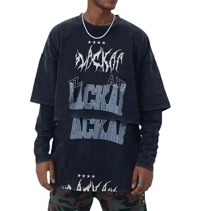 Fashion Hip Hop Printing Custom Logo Heavyweight Oversized Vintage Long Sleeve Graphic Streetwear T-shirt