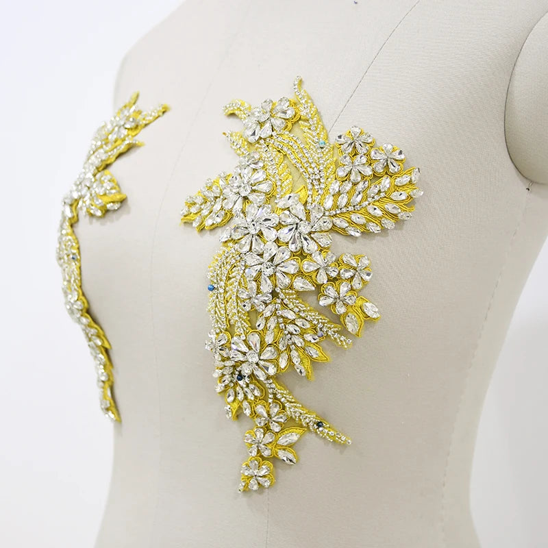 Pair Left and Right Shine Rhinestone Bullion Beaded Appliques Patch for Wedding Engagement Evening Dress Panels WRA-296