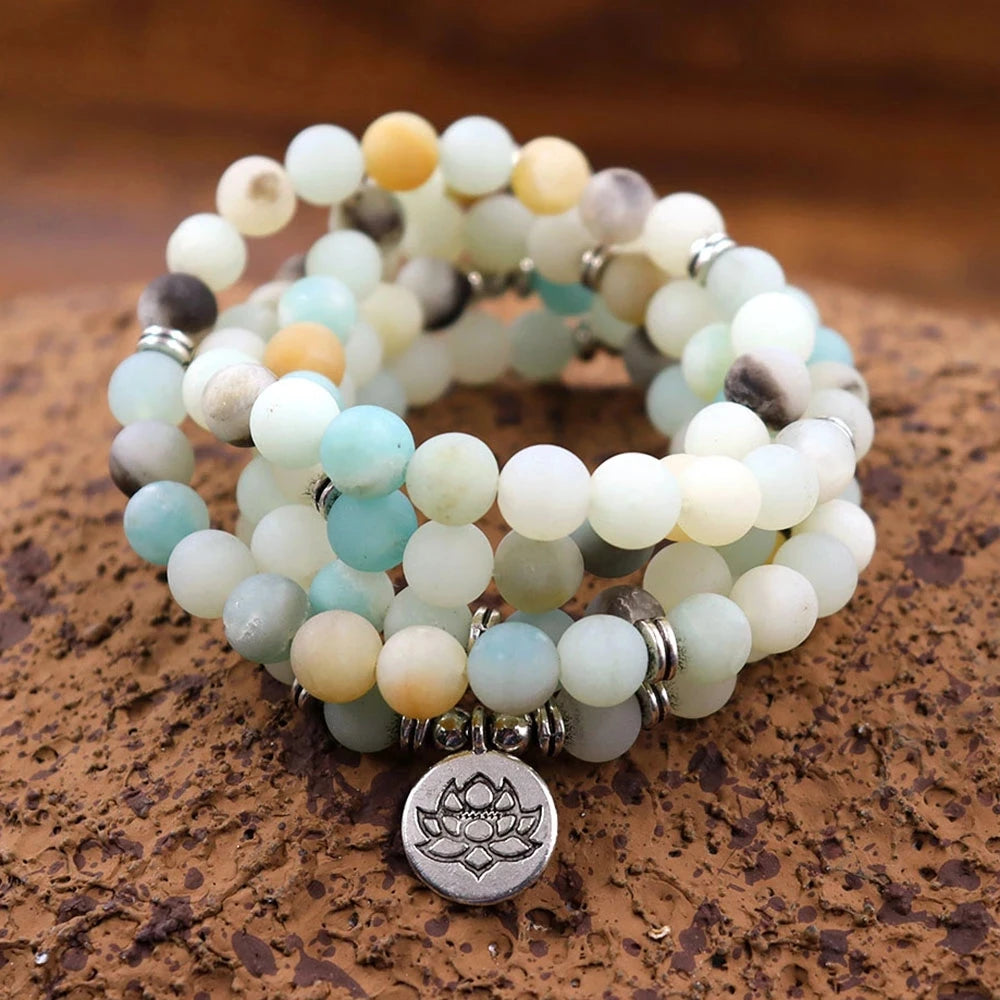 108 Mala Natural Stone Beads Wrap Bracelet Necklace Matte Amazonite Agate Yoga Bracelet for Women Men