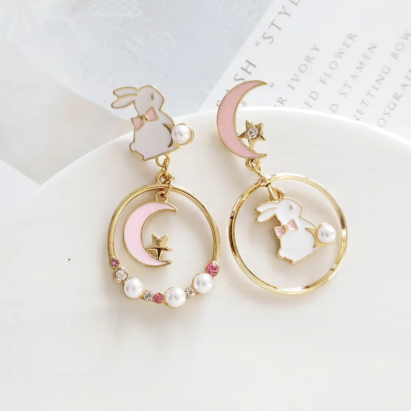Cute Rabbit Drop Earring Korea Fashion Enamel Graze Oil Women Dangle Earrings Moon Star Asymmetry Girl Sweet Jewelry