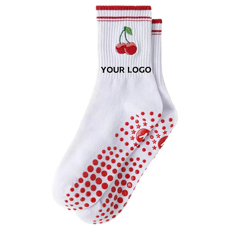 Custom Anti Slip Grip Socks White Red Cute Cherry Embroidery Cotton Blend Crew for Women Barre Dance Studio Indoor Youth Bottom
