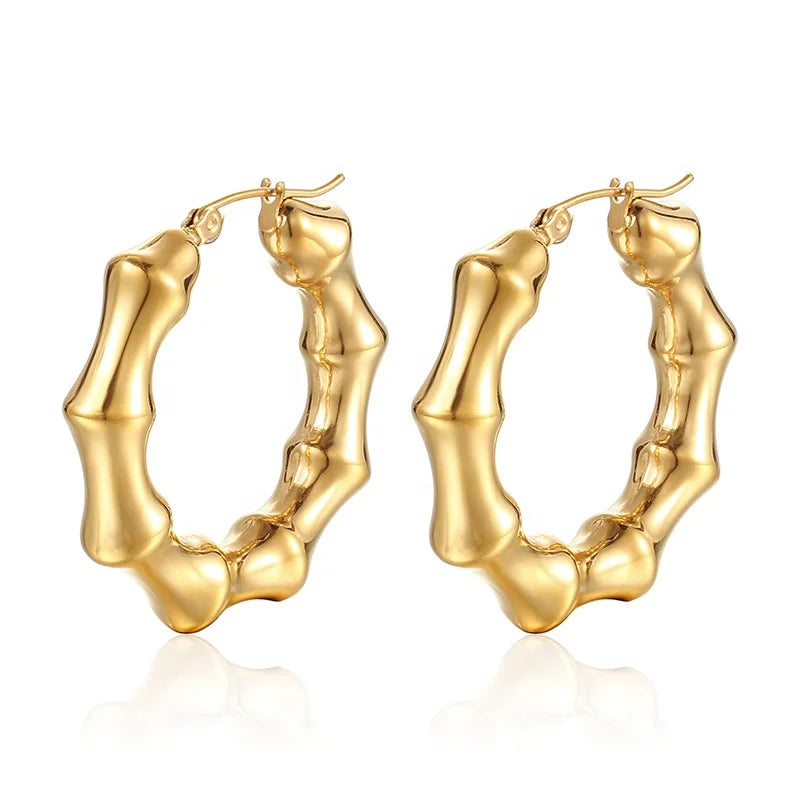 Wholesale Custom Hollow Personalized Stainless Steel Jewelry 18K Gold Plated Oversized Bamboo Hoop Trendy Party Wedding Gift