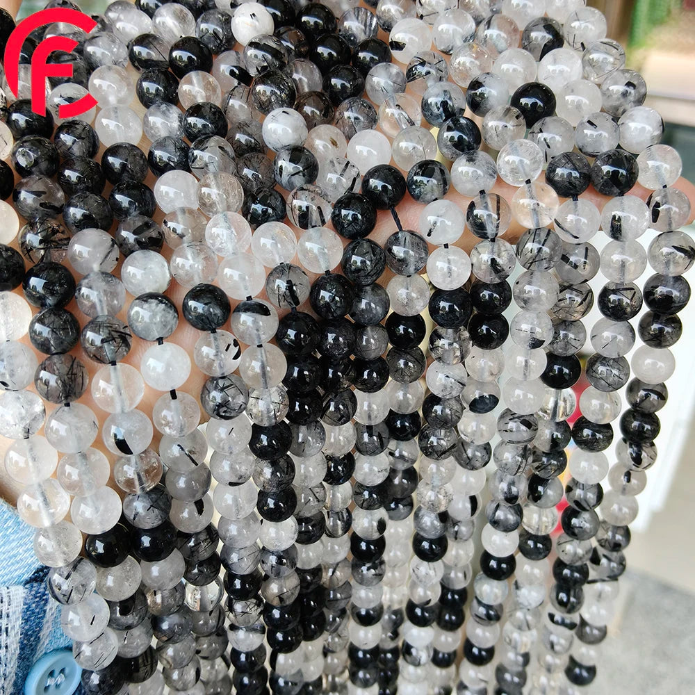 Wholesale 4/6/8/10/12mm Natural Stone Black Hair Quartz Crystal Round Loose Beads for Jewelry Making DIY Bracelet Necklace