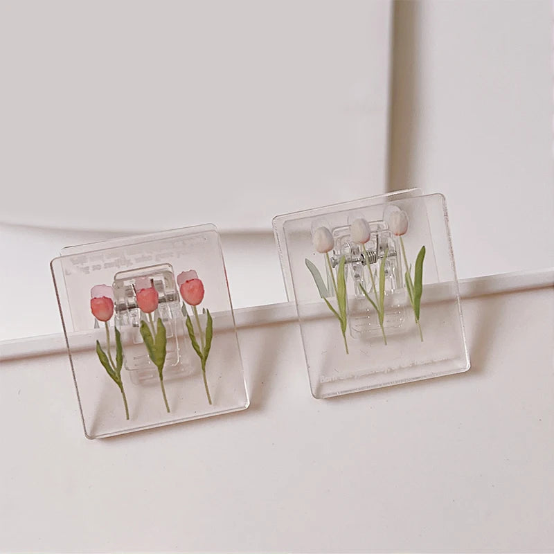 Cute Transparent Acrylic Binder Clip Tulip Notes Letter Paper Clip Office Supplies Binding Securing Photo Memo Clips Bookmark
