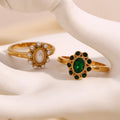 Vintage 18K Gold Plated Stainless Steel Pearl Ring High End Elegant Emerald Gemstone Wedding Ring