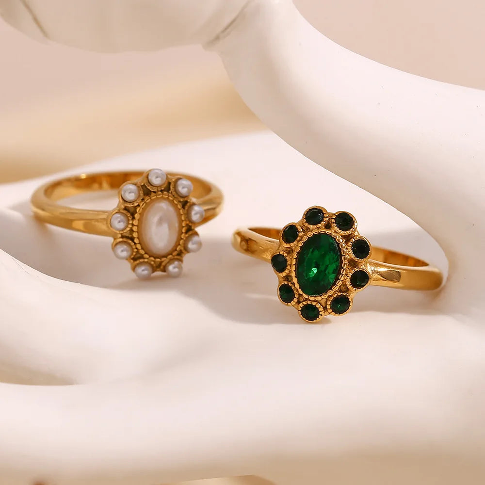 Vintage 18K Gold Plated Stainless Steel Pearl Ring High End Elegant Emerald Gemstone Wedding Ring