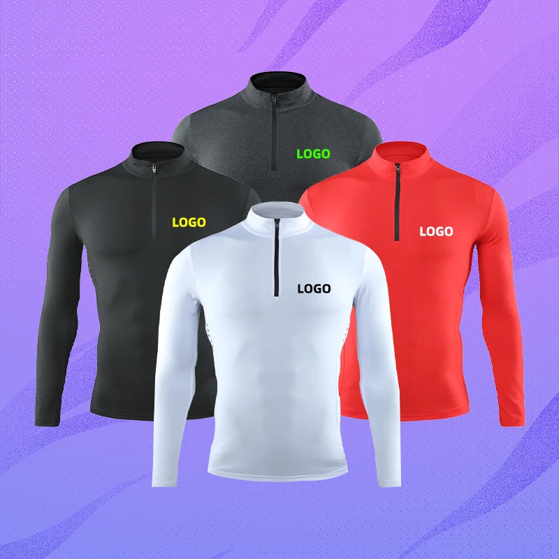 Men's Custom Logo Print Quarter Zip Pullover Gym Shorts Long Sleeve Quick Drying Sportswear Vintage Style 180 Grams Plus Blank