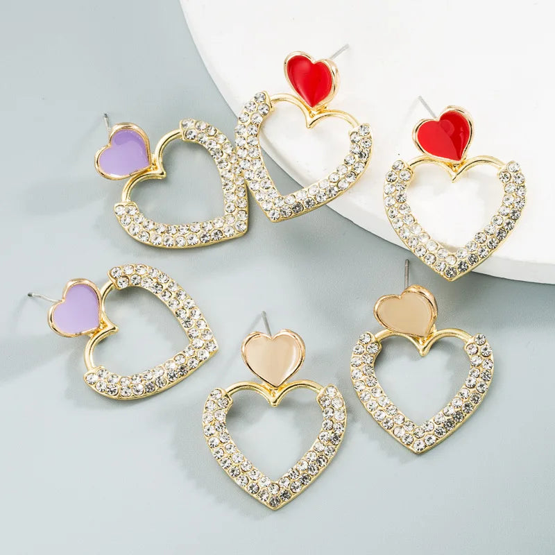 Bling Heart Shape Rhinestone Earrings Female Alloy Dripping Oil Vintage Earrings for Women