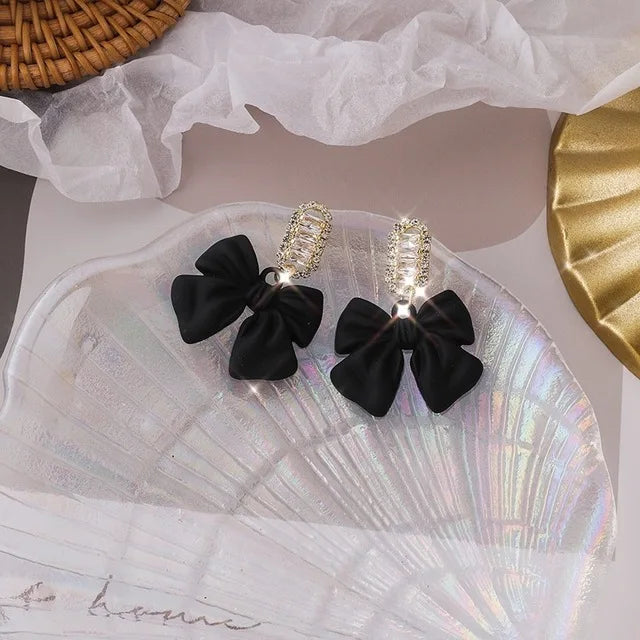 Elegant Korean Zircon Crystal Statement Earring Black Velvet Knot Stud Earrings