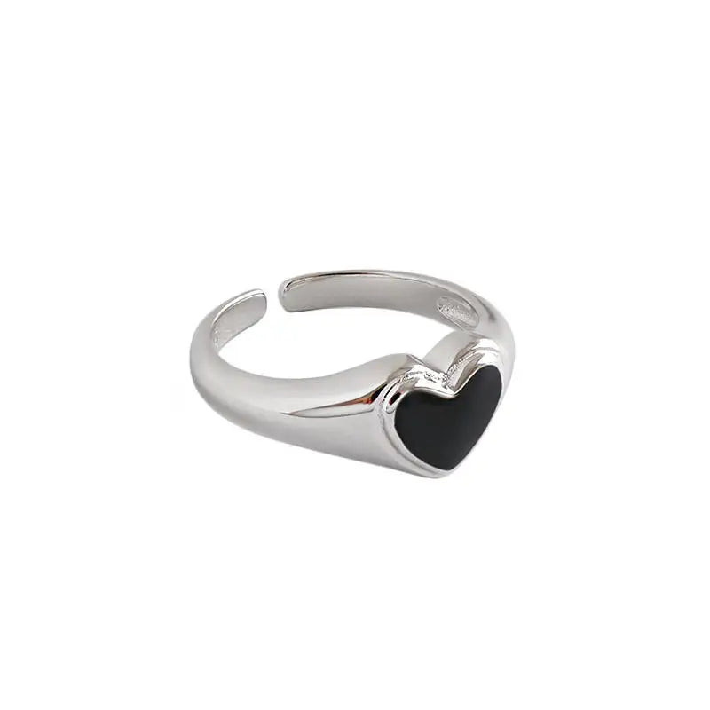 925 Sterling Silver Open Heart-Shaped Black Gel Drop Geometric Pattern Gypsy Setting Trendy Party Ring for Women