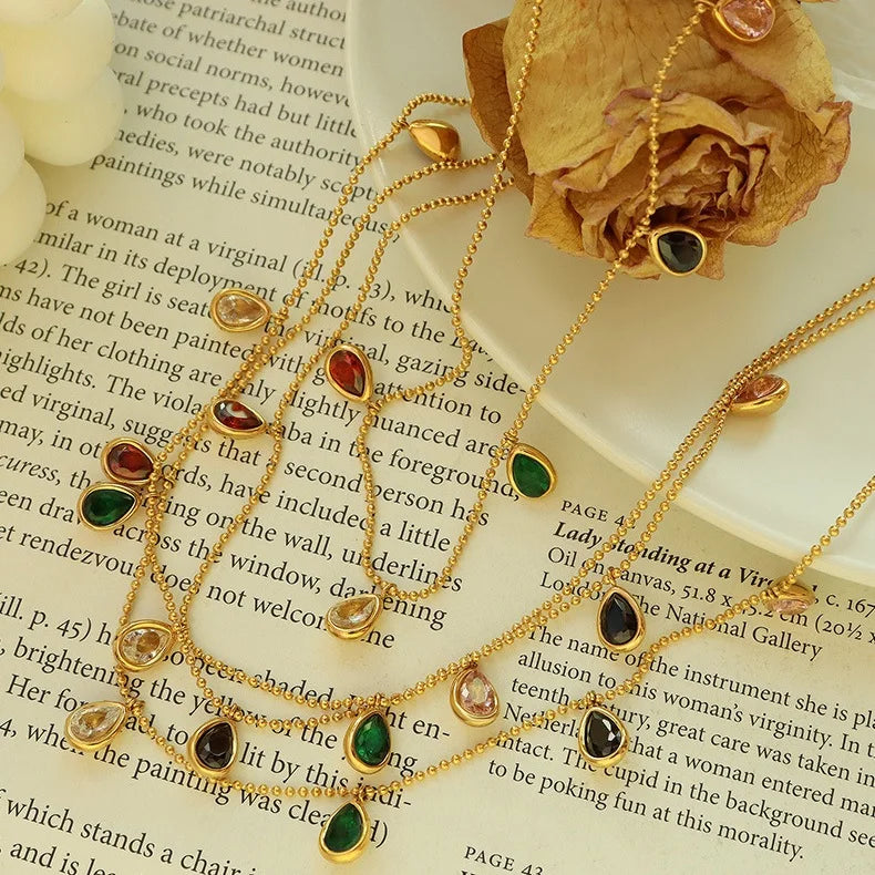 Jewelry 18k Gold Plated Colorful Zirconia Pendant Necklace Trendy Stainless Steel