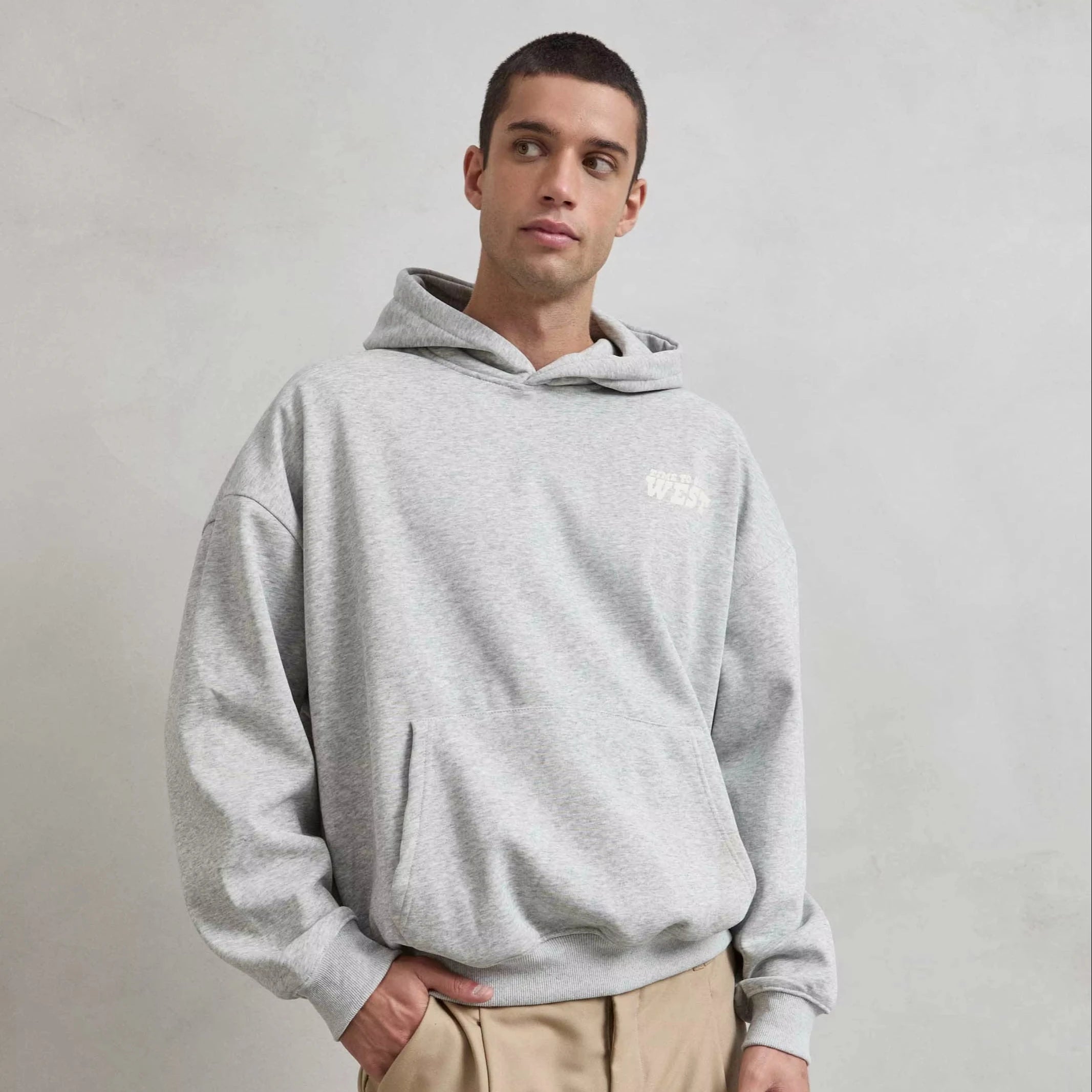 Imperio Hooded Heather Gray Polyester/Cotton/Spandex Blend Oversize Boxy Fit Plush Interior 3D Embroidered 'TIME GO WEST' Print