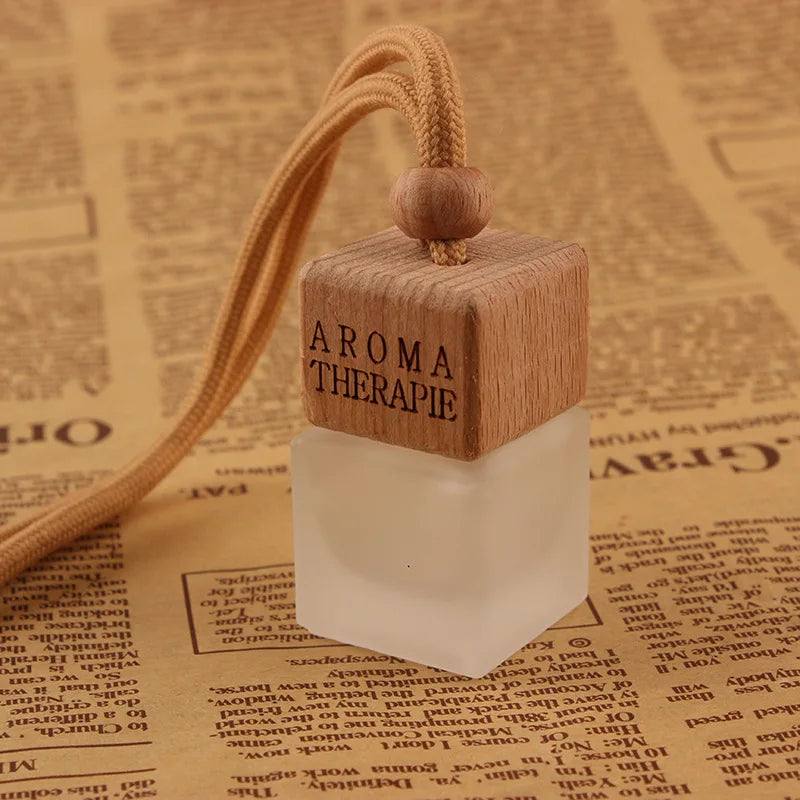 Hot Sale 8ml Empty Perfume Packaging square Frosted Glass Hanging Wooden Car Diffuser Bottle