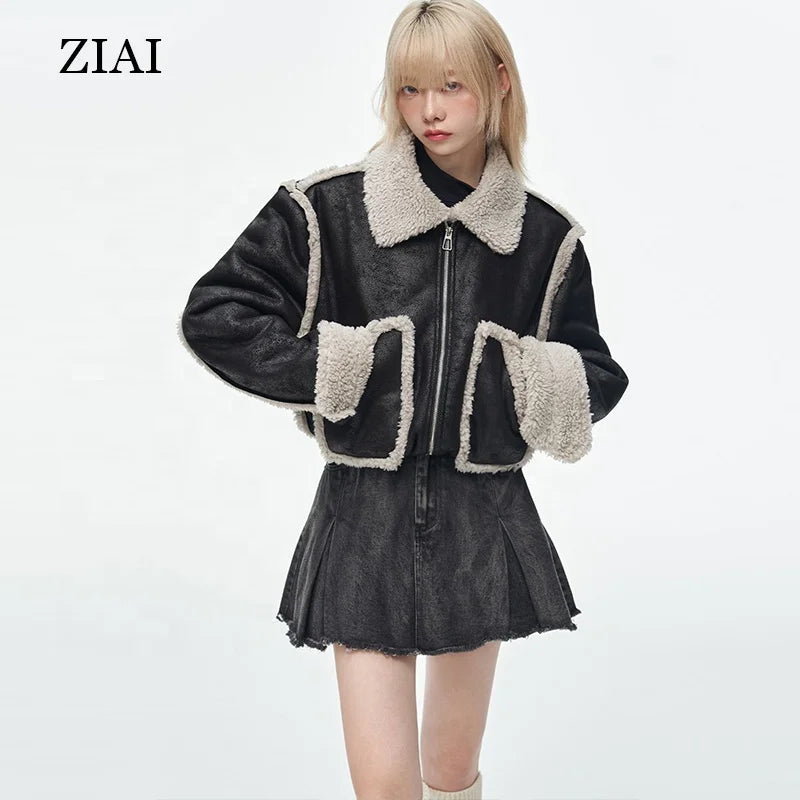 Autumn Winter Ladies Polar Fleece Suede Fur All-in-one Lamb Wool Warm Coat Women Leather Jacket
