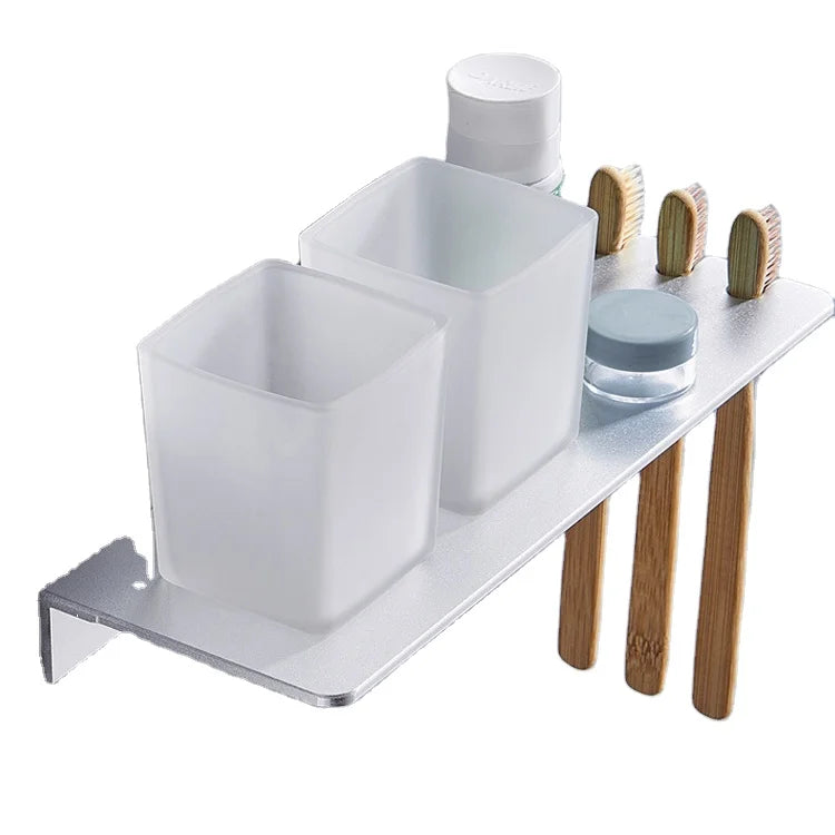 Aluminum Modern Eco-Friendly Silver/Black Bathroom Tooth Brush Holder Dispenser Wall Mounted Non-folding Single Tier