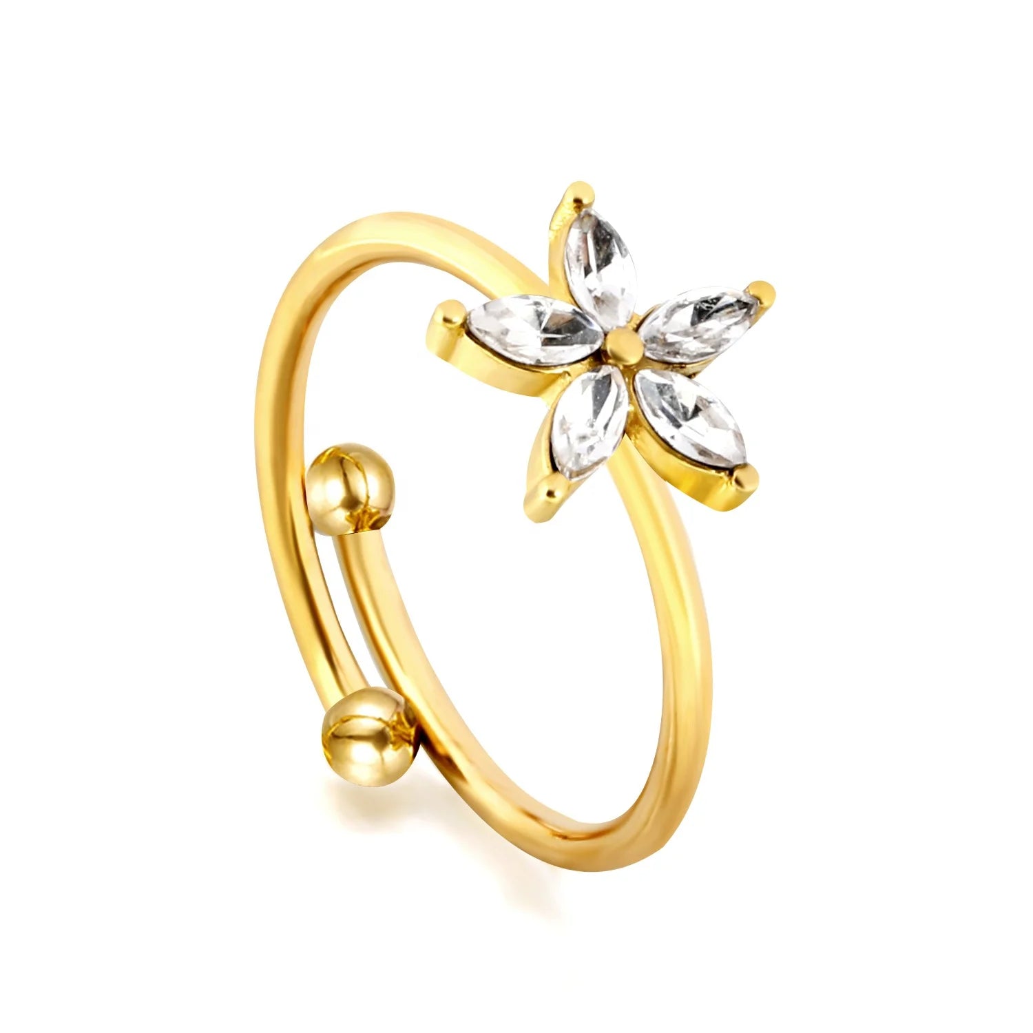 Waterproof Stainless Steel Plated 18K Gold Jewelry Zircon Ring Women Five Petal Flowers Daisy Open Finger Ring