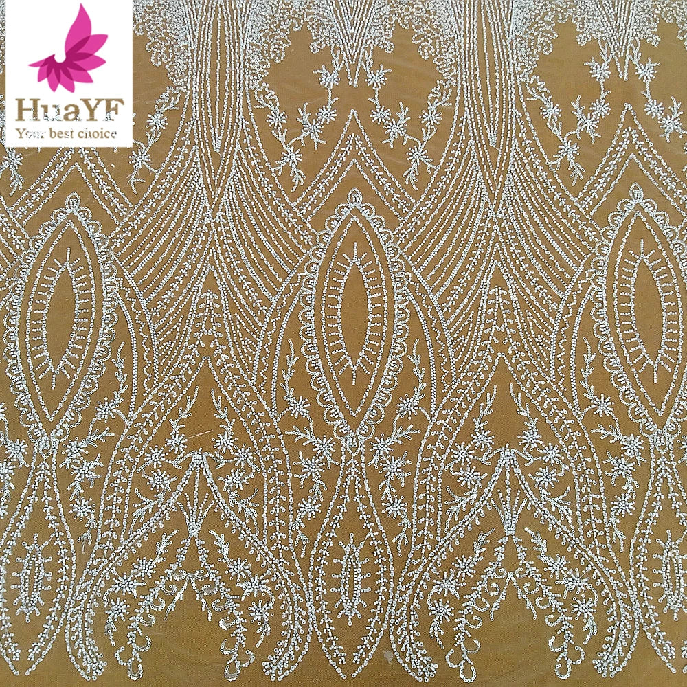 HY3045 New Elegant Porcelain White 3d Heavy Beaded Sequins Lace Embroidery for Wedding Bridal Dress