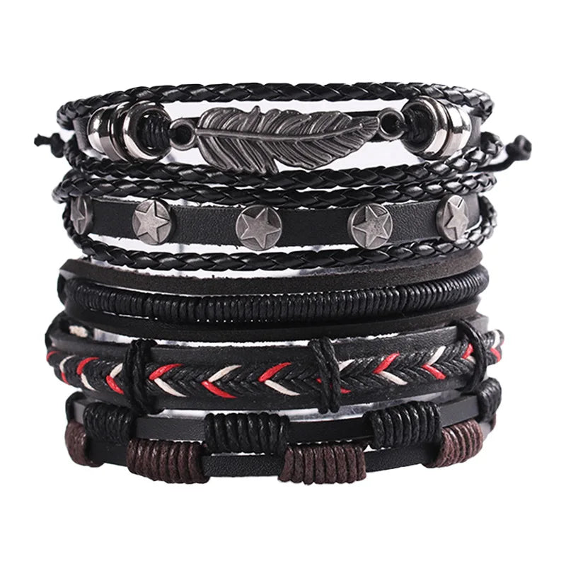 Handmade Punk Charm Leaf Star Adjustable Wax Rope Multi Layer Wrap Leather Bracelet Set Jewelry for Men