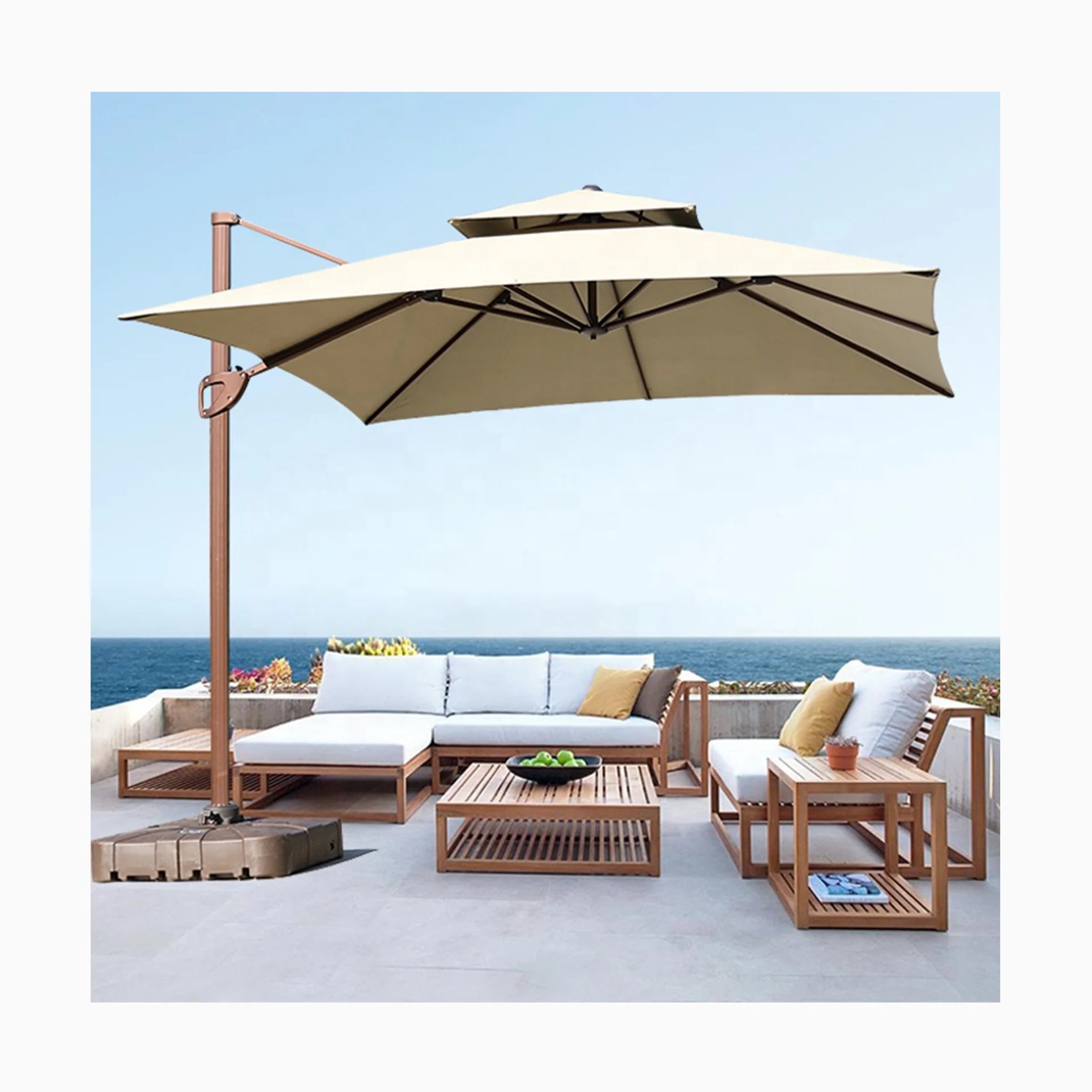 10ft Water-resistant Umbrella UV50+ protection Polyester Canopy with Led Light 3m Square Cantilever Parasol