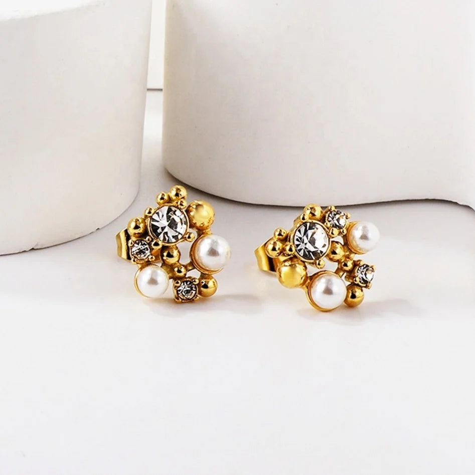New Trendy Personality Jewelry Earrings 2023 Custom Stainless Steel 18k Gold Plated Inlaid Rhinestone Pearl Stud Earrings