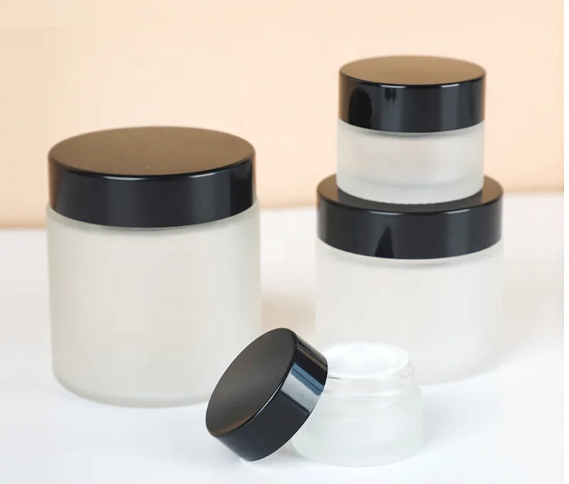 Cosmetic Cream Moisturiser Jar Black Frosted Glass with Private Printing Lid 2oz White Cosmetic Packaging Plastic Storage Clear