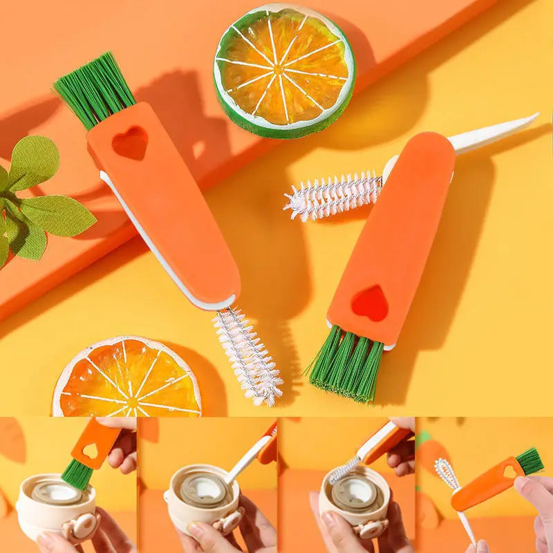 3 in 1 Carrot Shape Cup Lid Rubber Ring groove Cleaning Brush Multifunction Insulation Cup Lid Gap Milk Bottle Cleaning Brush