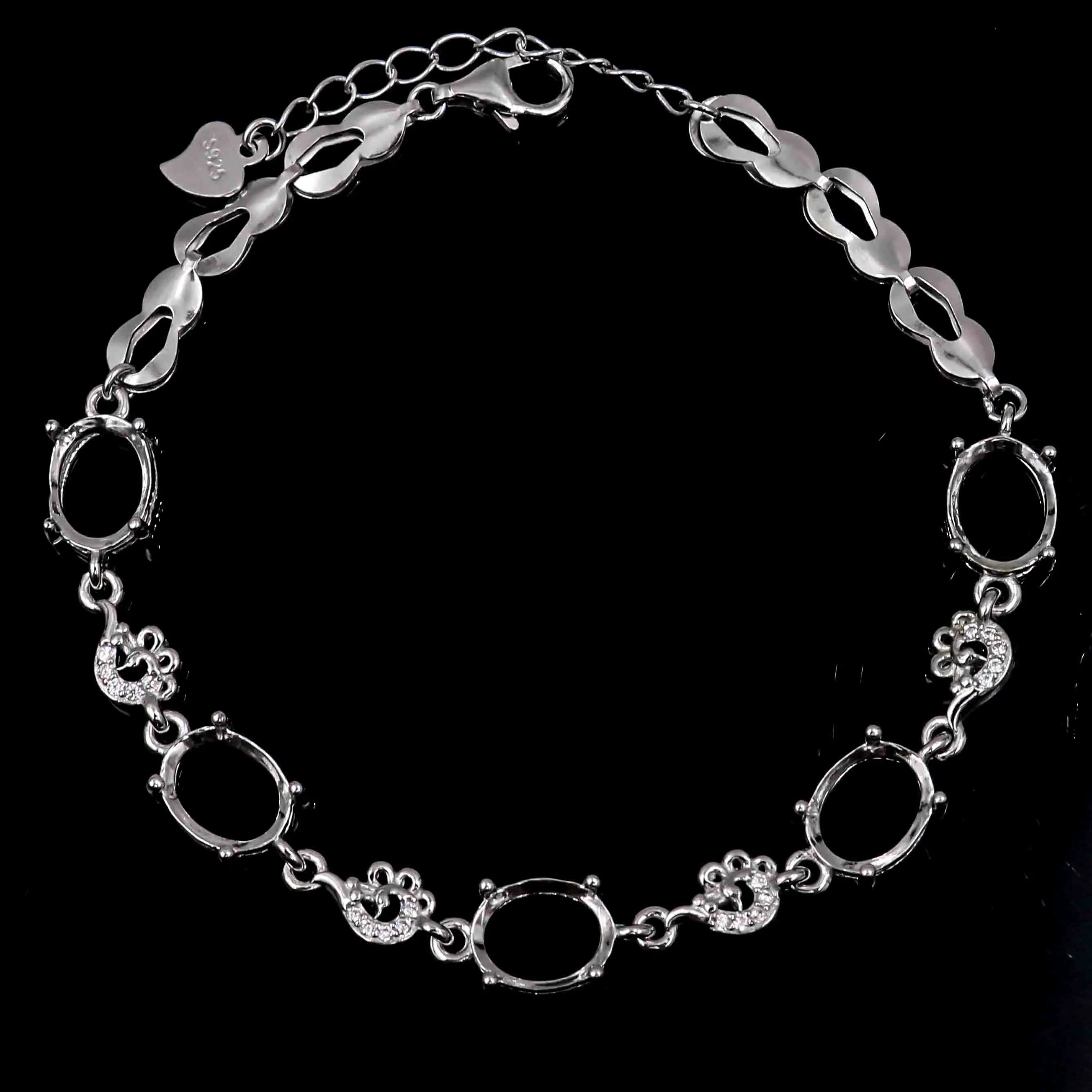 Sterling Silver 7*9mm Semi Mount Bracelet Empty Frame Blank Claws Setting S925 Base Holder Without Center Stone Inlay for DIY