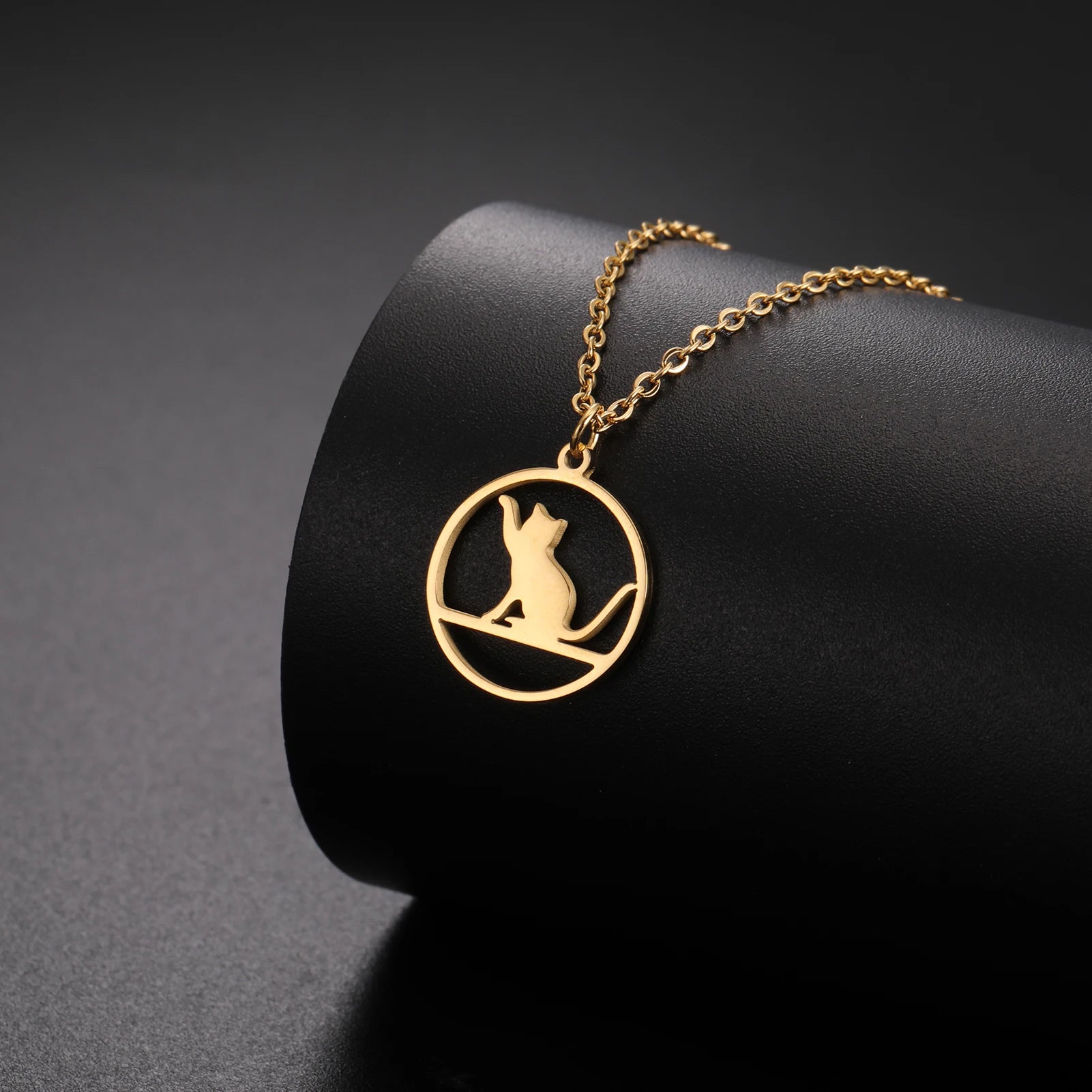 Myshape Kitten Cat Necklace for Woman Men Animal Pet Hollow Pendant Stainless Steel Gold Color Link Chain Kid Child Gift Jewelry