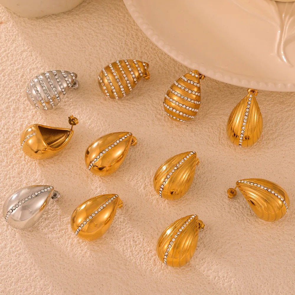 YF3708 Vintage Waterproof Stainless Steel Jewelry Hypoallergenic 18k Gold Plated Spiral Water Drop Zircon Stud Earrings