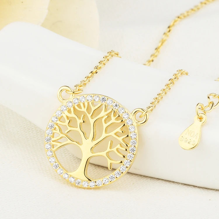 Hot Selling Dainty Women 925 Sterling Silver 18k Gold CZ Diamond Tree of Life Pendant Necklace