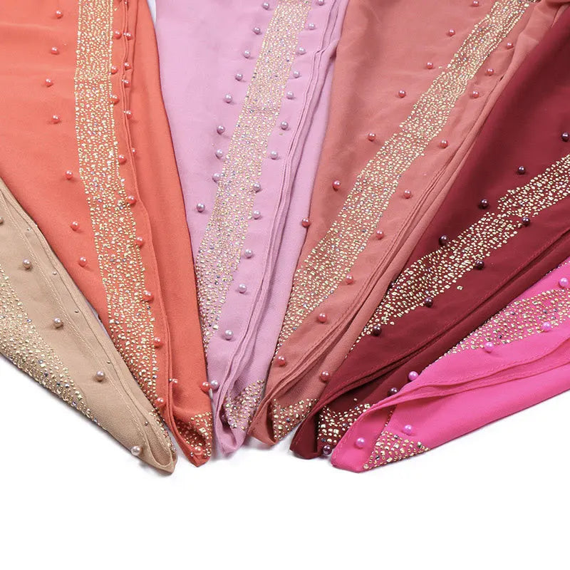 Newest Elegant Plain Chiffon With Stones and Pearl Women Scarves Shawls Soft Muffler Hijab Scarf