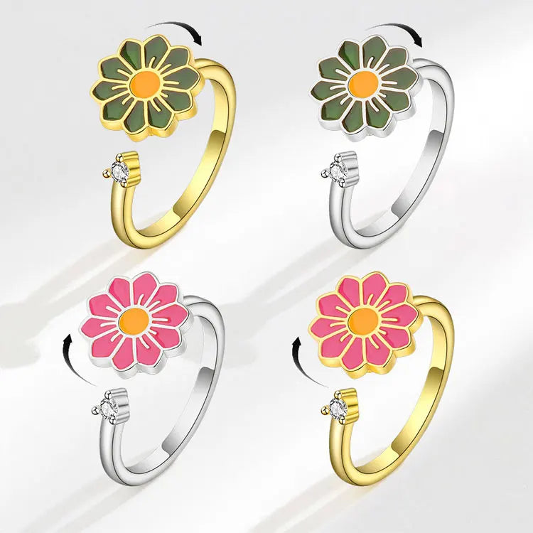 SC Hot Selling Stress Rings Opening Adjustable Spinner Fidget Rings Jewelry Women Dainty Drip Oil Flower Spinning Anxiety Ring