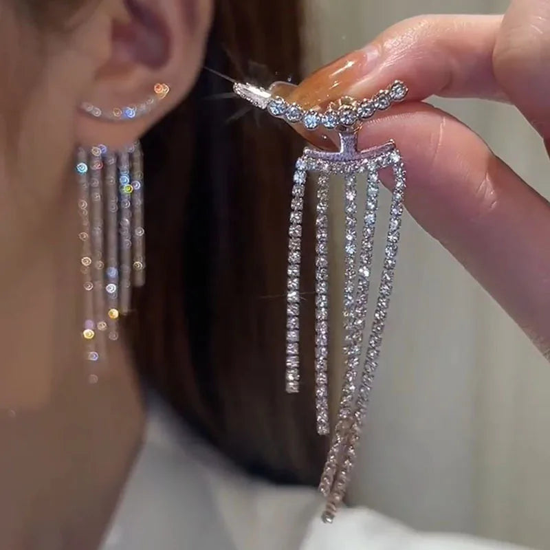 Trendy Jewely S925 Sterling Silver Post Fringe Earrings Bling Long Rhinestone Crystal Tassel Earrings for Women Gift