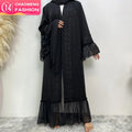 1963# Premium Quality Wide Sleeve Dark Black Open Abaya With Floral Lace for Muslim Women 2023 Eid