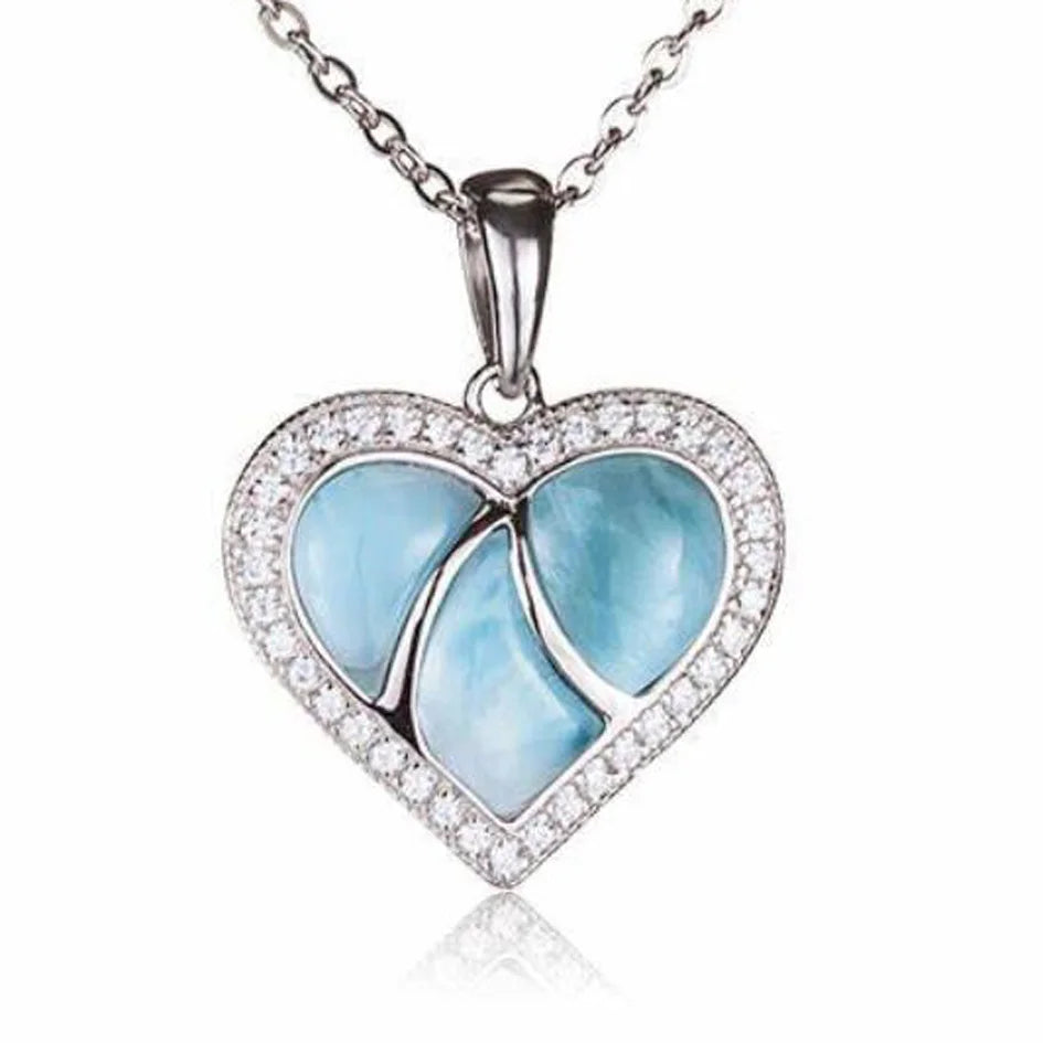 Solid 925 Sterling Silver Jewelry Larimar Necklace Nature Blue Larimar Heart Shape Inlay Pendant