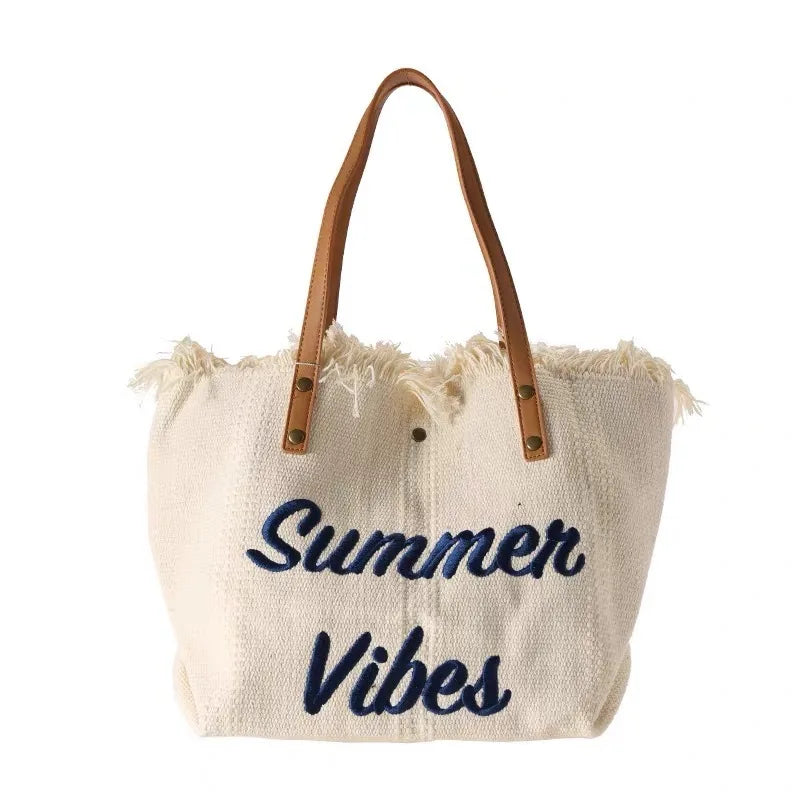 Large Capacity Eco Canvas Tote Summer Hand Bag New Style Casual Tote Durable Tassel Fringe Lightweight Portable Hand Bag