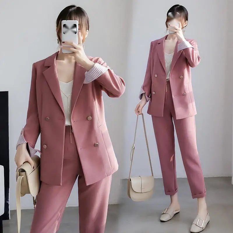 M-5XL New Women's Large Size Set Autumn Loose Cropped Pants Professional Suit Top Coat Two-piece Set