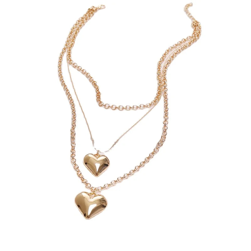 Hip Hop Exaggerated Jewelry 3 Layer Chain Heart Pendant Necklace Women
