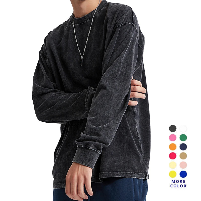 Men's High Quality 100% Cotton Solid Vintage Acid Washed Long Sleeve T-Shirt Eco-Friendly Anti-Wrinkle Street Style 250gsm