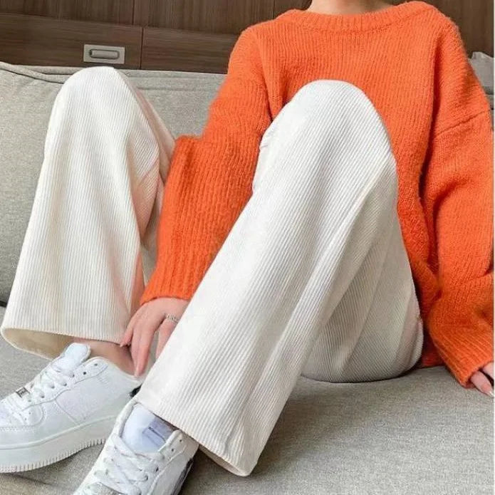 New Spring Autumn Women Ribbed Pants Drawstring High Waist Soft Lady Long Wide Leg Pants