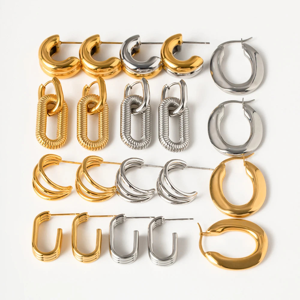Waterproof Gold Silver Plated CC Earring Stainless Steel Chunky Smooth Double Layer Hoop Earring Women Gift MegaBDM