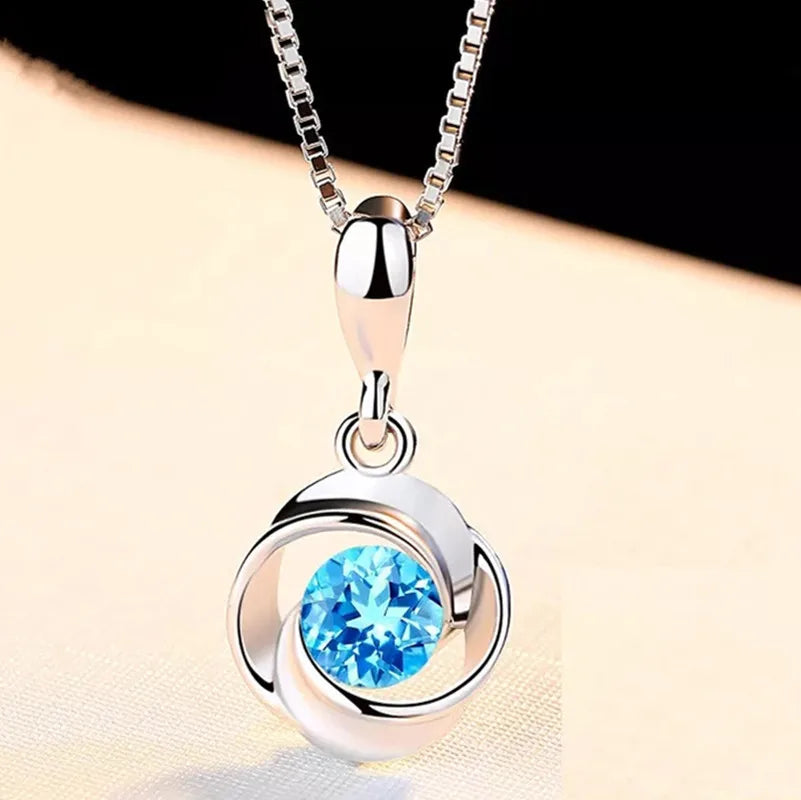 RisingMoon Blue Crystal Pendant Necklace Clover Rotating love Zircon Necklace Female Jewelry