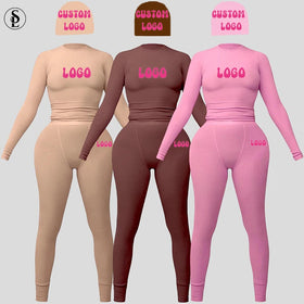 Women Set Custom Logo Women Lounge Wear Cotton Rib Knit Top and Legging Outfits Bodycon Ribbed 2Two Piece Set Women