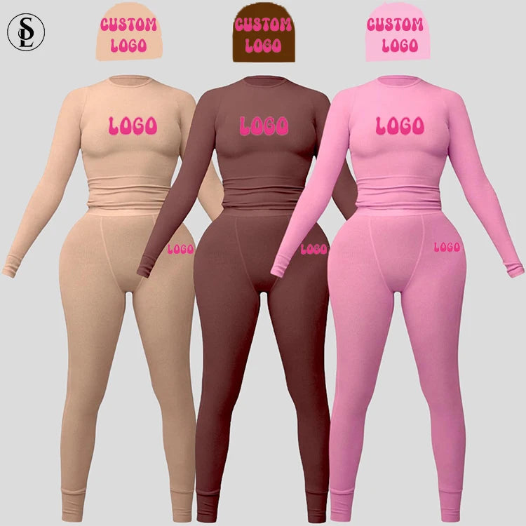 Women Set Custom Logo Women Lounge Wear Cotton Rib Knit Top and Legging Outfits Bodycon Ribbed 2Two Piece Set Women