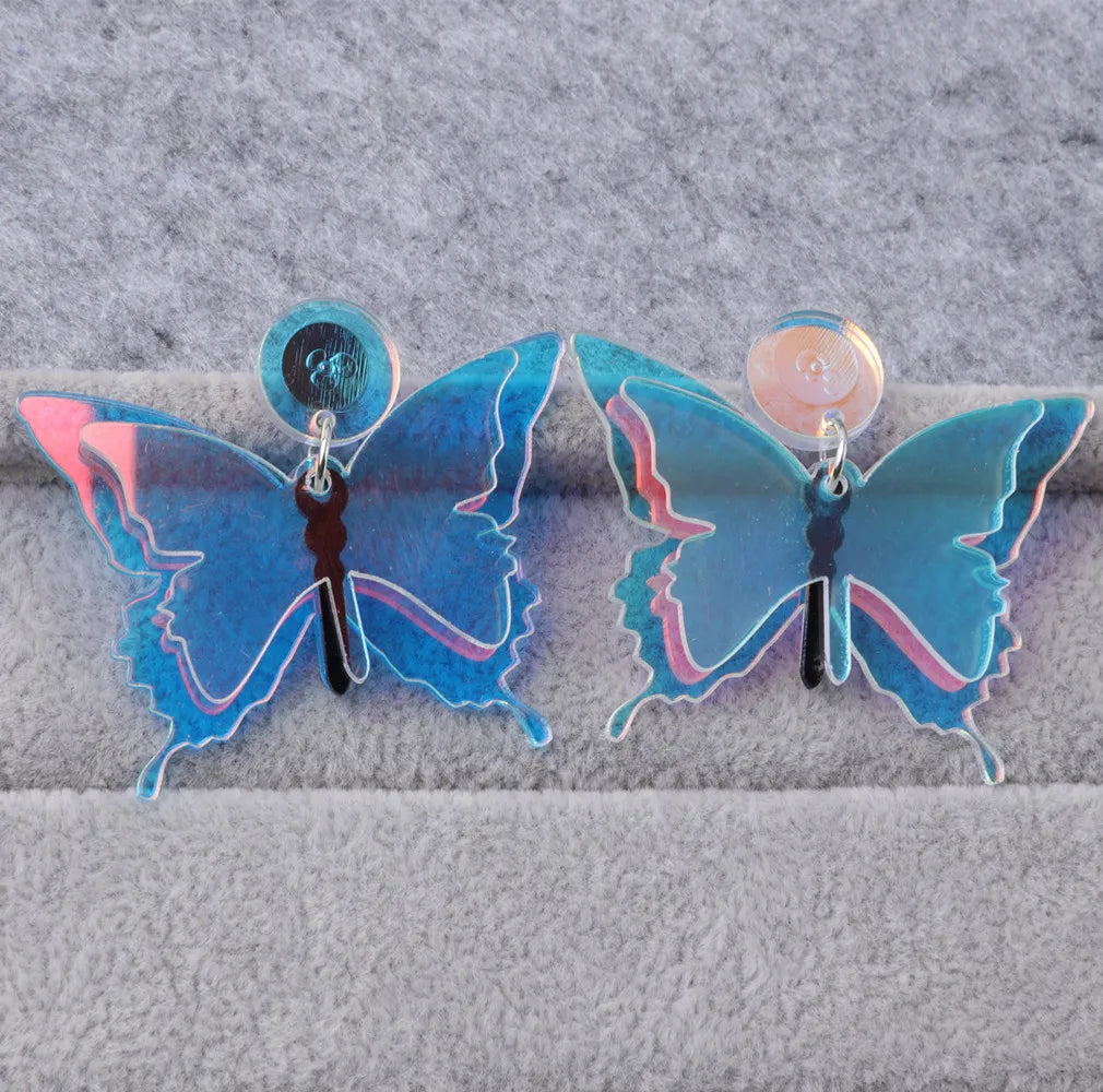 Popular 2024 New Double Layer butterfly Earrings Dazzle Laser Transparent Ear Ornaments Personality UV Earrings for Women