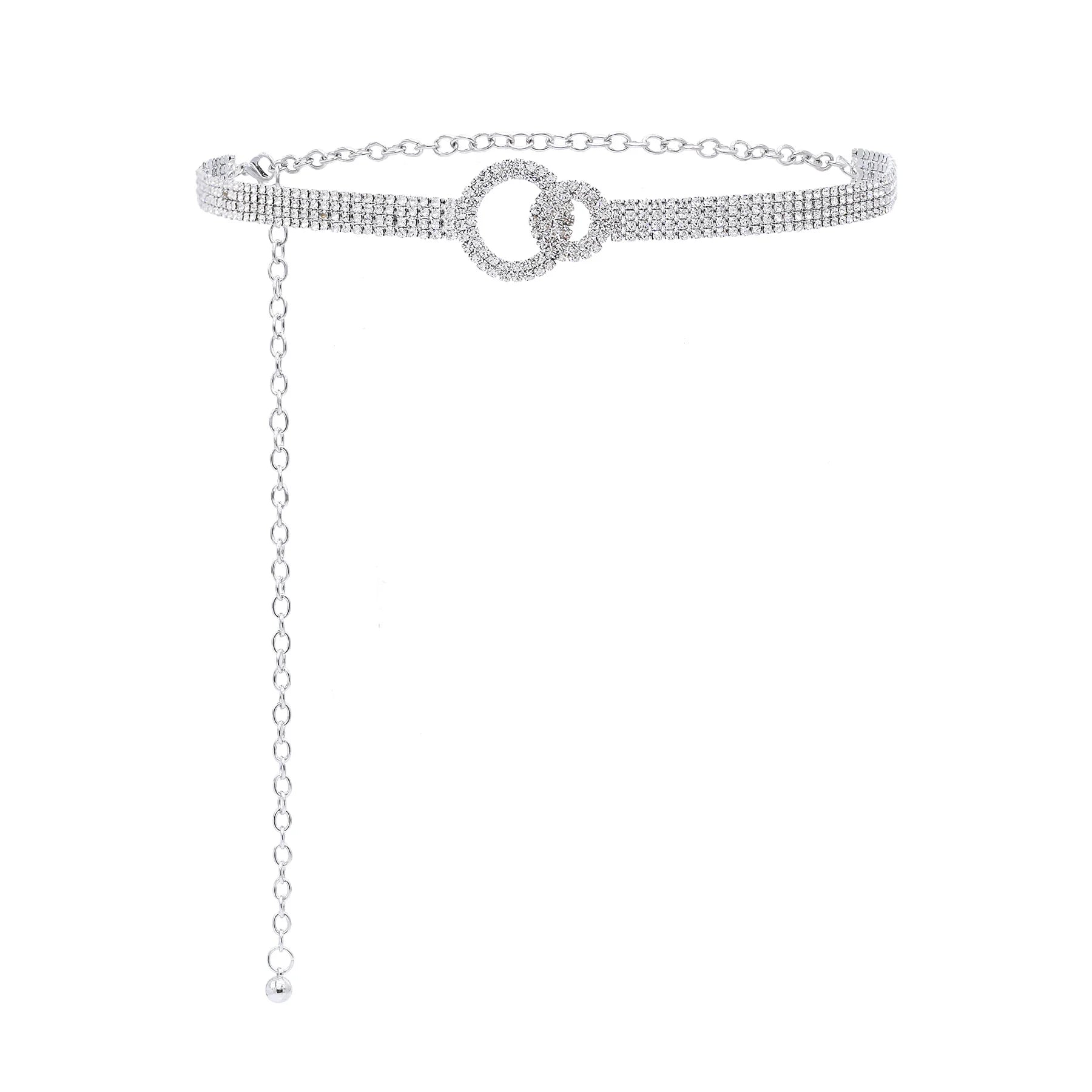 Women's Luxury Silver Plated Clear Rhinestone Belt Waist Chain Alloy Belly Chain Dress Accessory for Party